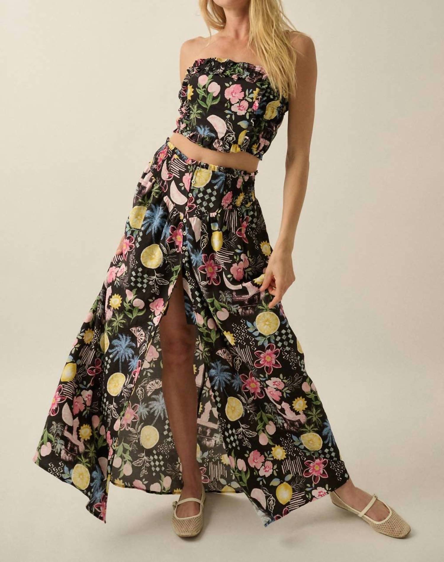 PROMESA Fruit And Floral-print Button-front Maxi Skirt in black - women's skirt - detail view