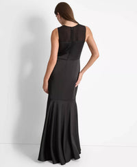 DKNY Women's Mesh-yoke Cascading-ruffle Evening Gown in black - women's dress - detail view
