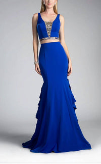 Andrea & Leo Couture - Long 2 Piece Gold Stone Dress