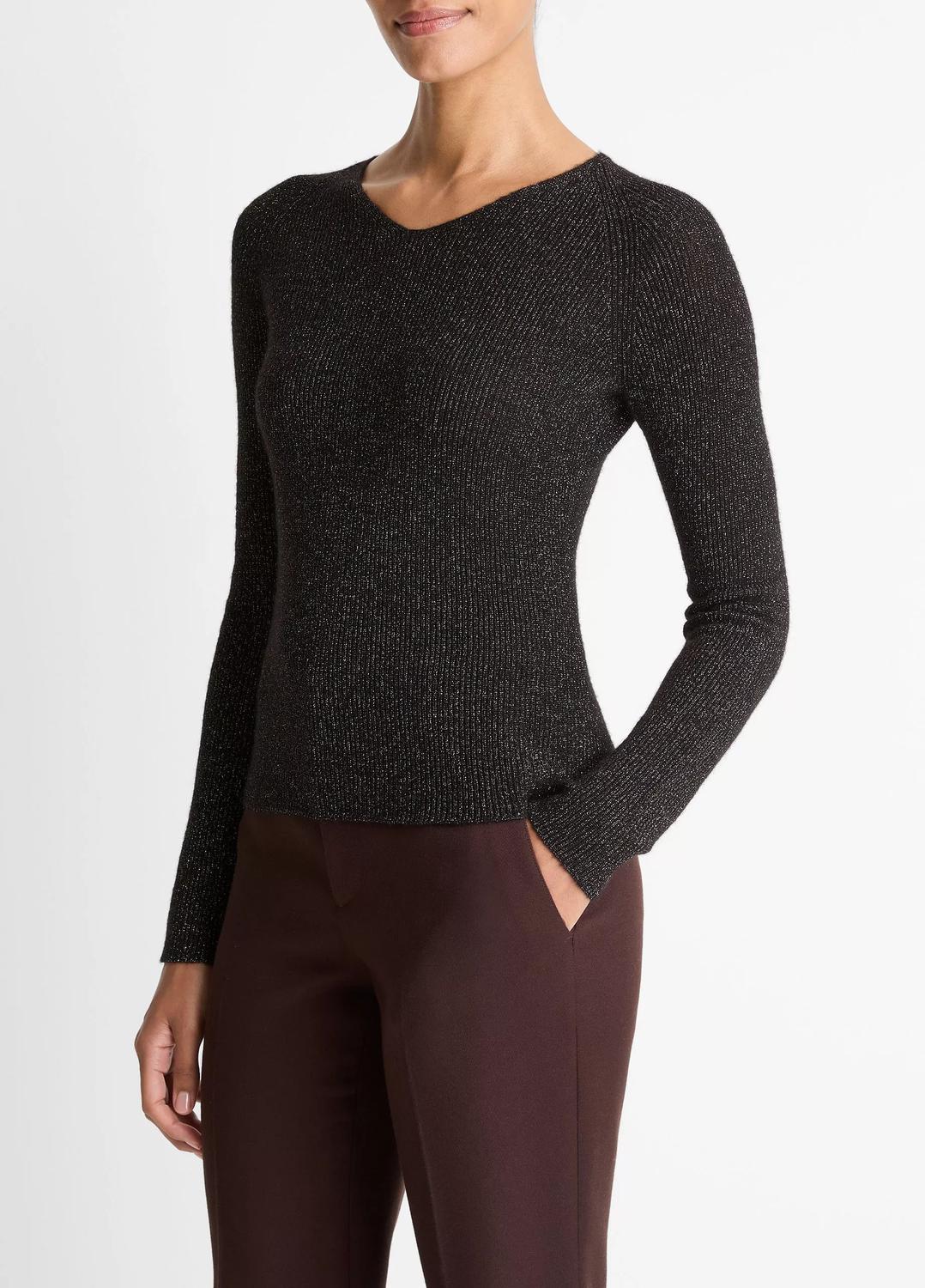 Vince - Metallic Ribbed High V-neck Sweater