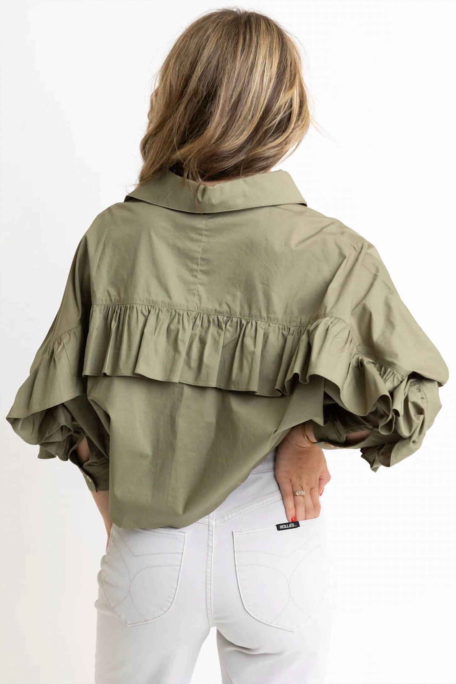 Karlie - Solid Poplin Ruffle Back Button Up Top
