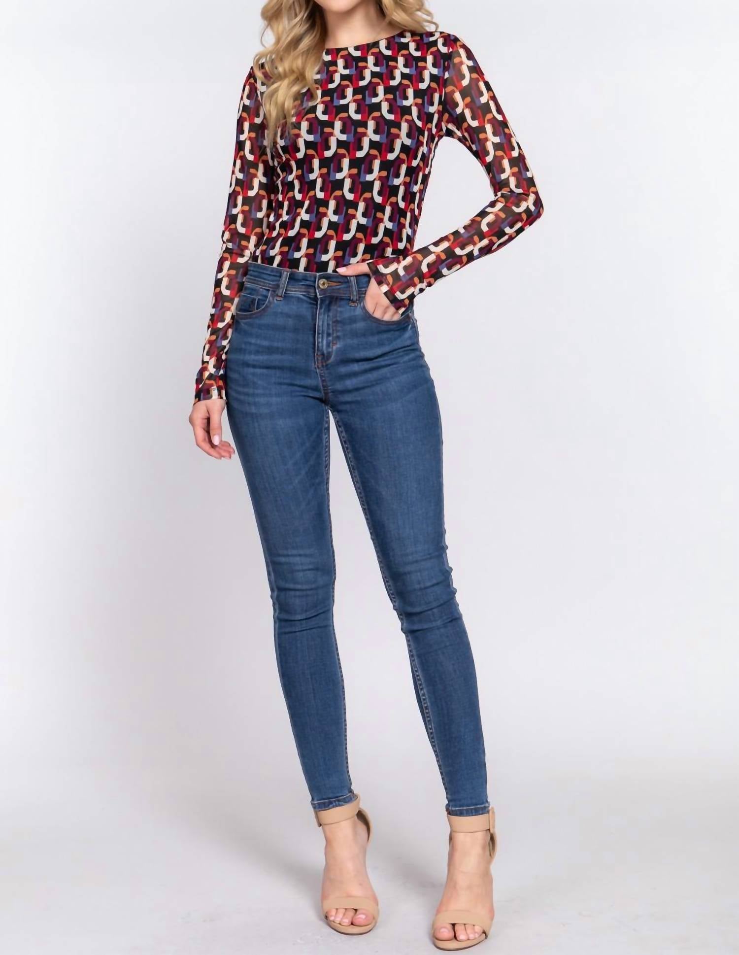 Active Usa - Long Sleeve Printed Mesh Bodysuit