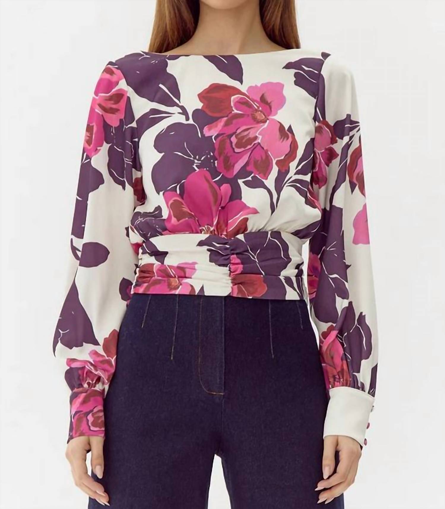 adelyn rae Charlene Smock Waist Blouse in ivory multi - women's blouse