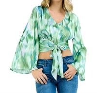 Llove - Bowtie Crop Flare Sleeve Top