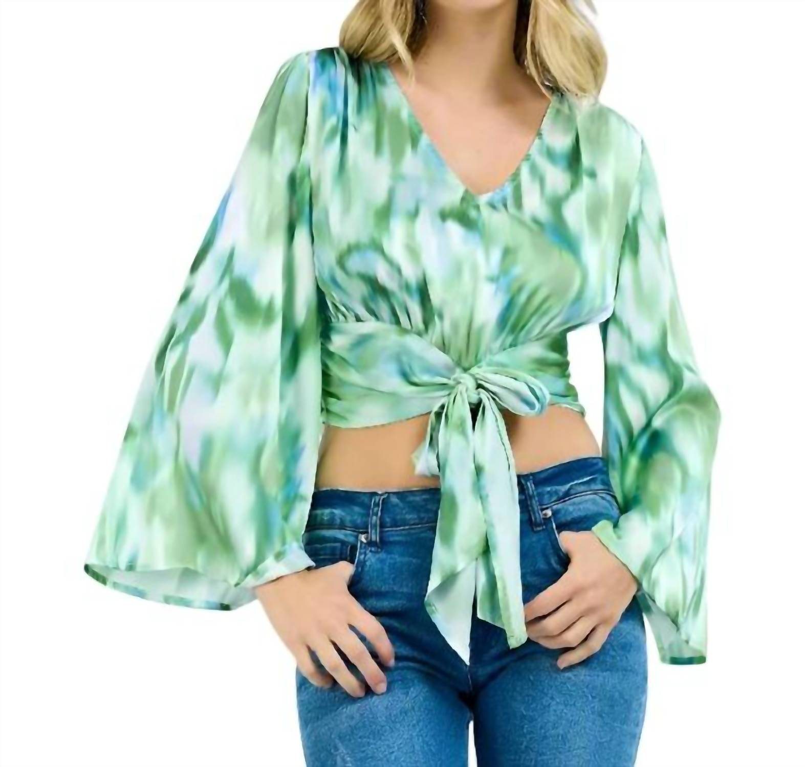 Llove - Bowtie Crop Flare Sleeve Top