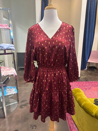 Joy Joy Puff Sleeves V-neck Print Dress in wine - women's dress - alternate view