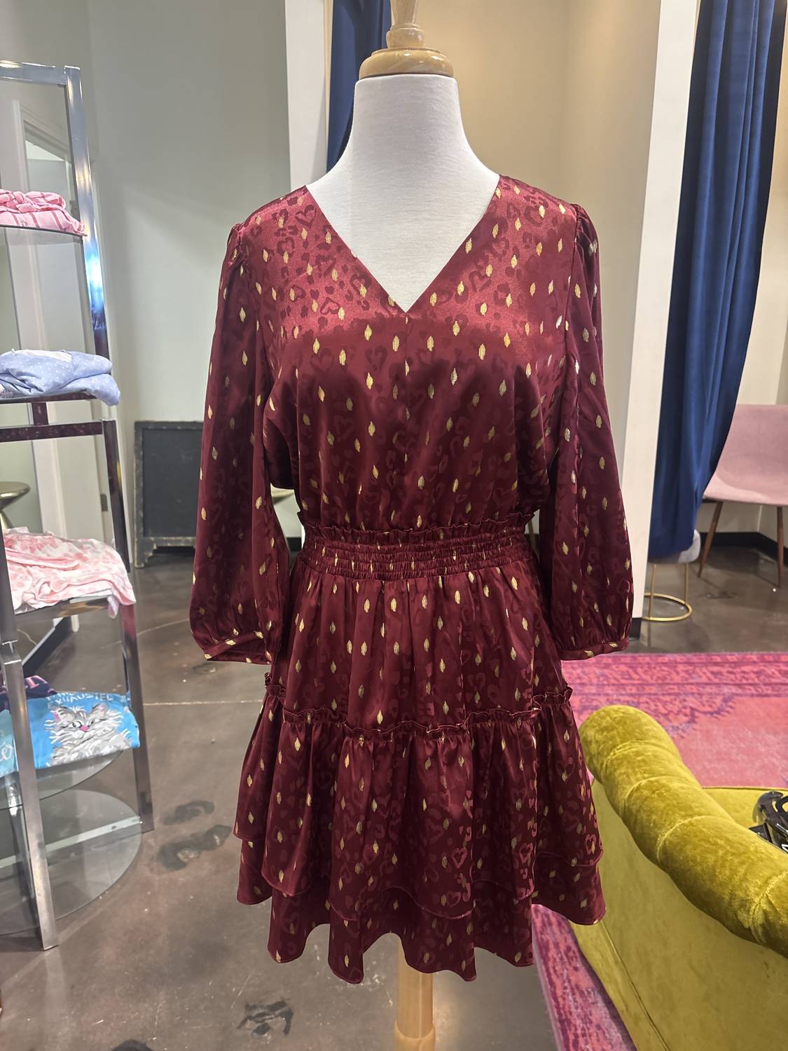 Joy Joy Puff Sleeves V-neck Print Dress in wine - women's dress - alternate view