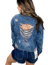 Vocal Apparel - Distressed Cotton Blend Long Sleeve Denim Jacket