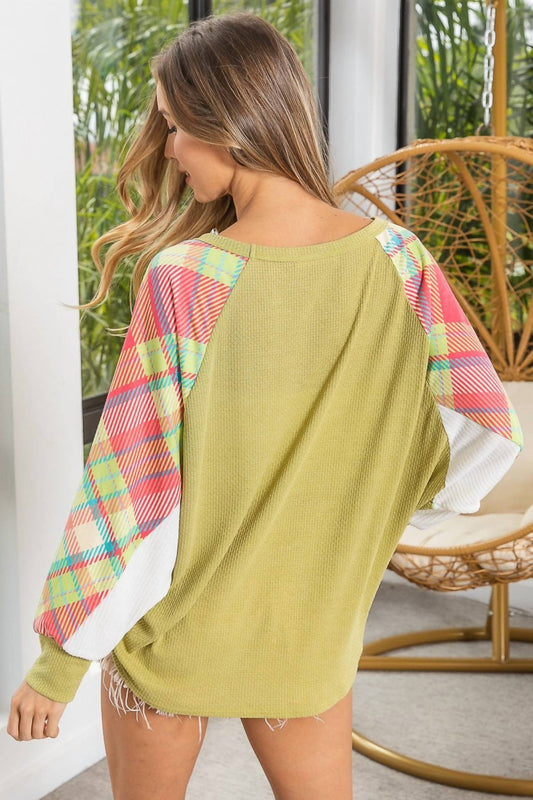 Bibi - Solid Hacci Knit With Check Block Sleeves Top