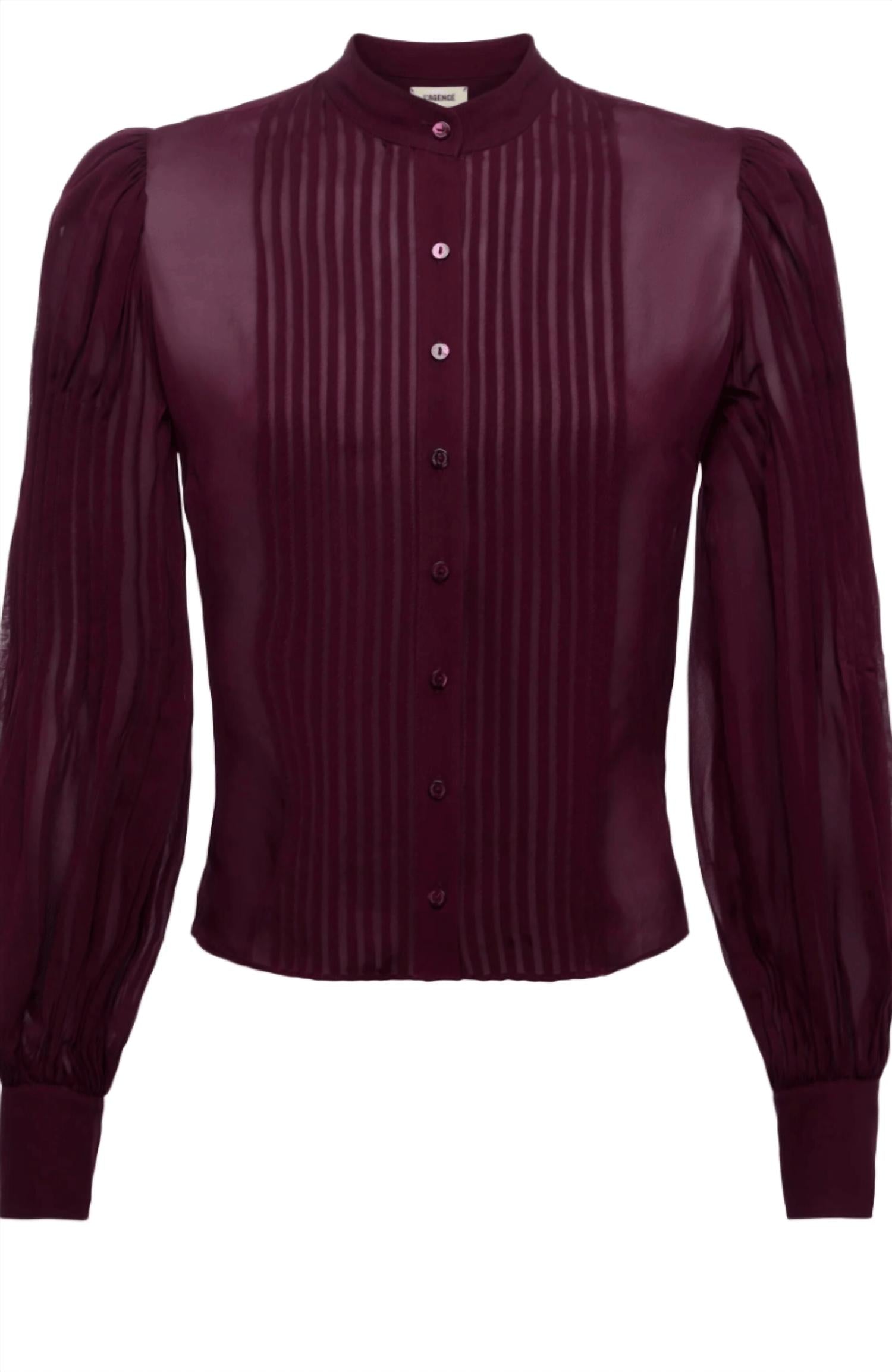 L'Agence Noor Mandarin Pleated Blouse in dark port - women's blouse - view 6