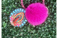 SW TRADING Women's Beaded Pom Pom And Our Lady Of Guadalupe Keychain in hot pink - women's accessory - detail view