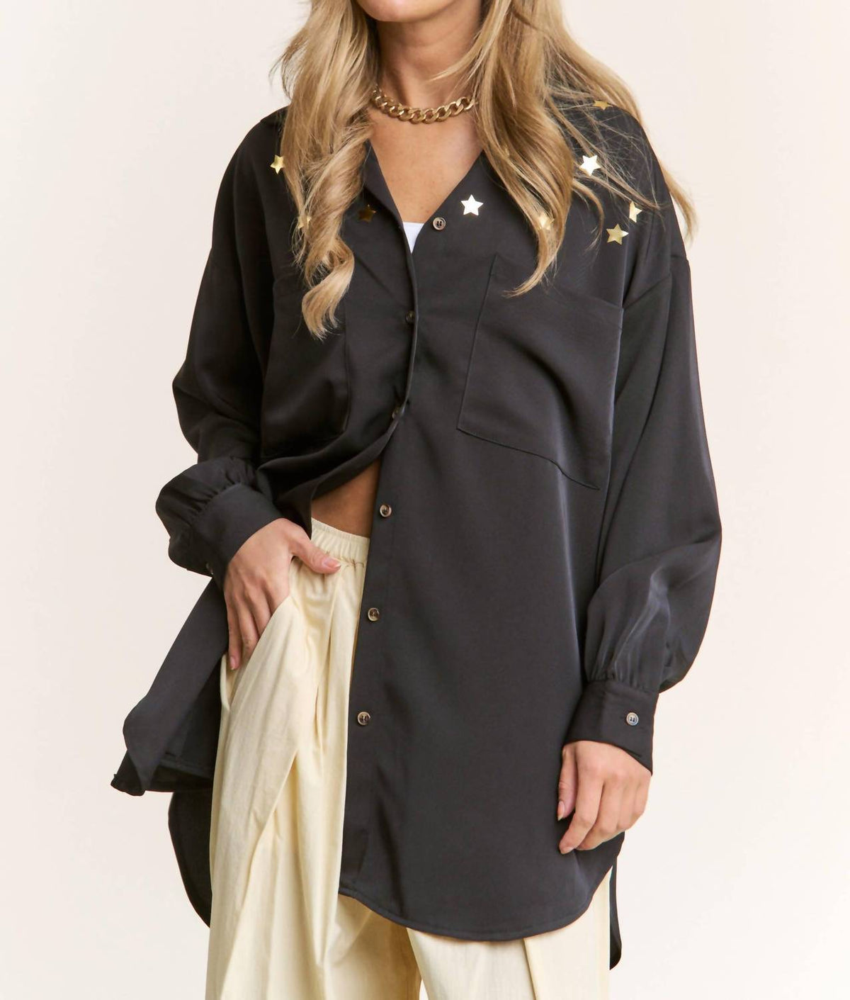 J.Nna - Stamped Star Button-Up Tunic Blouse