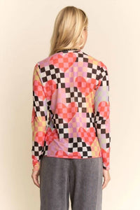 Davi & Dani - Checkered Heart Mesh Long Sleeve Top - Plus