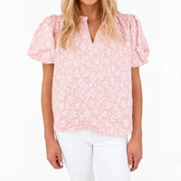 Bibi - Floral Pattern Texture Sleeve Ruffle Neck Top