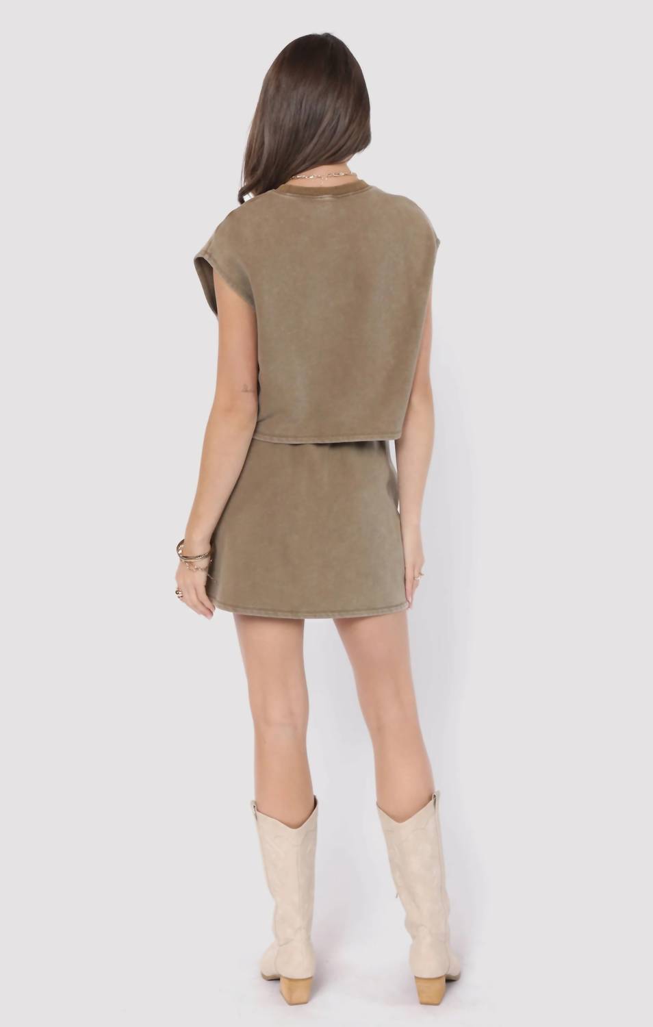 Sadie & Sage Little Games Washed Terry Knit Top in washed taupe - women's t-shirt - detail view