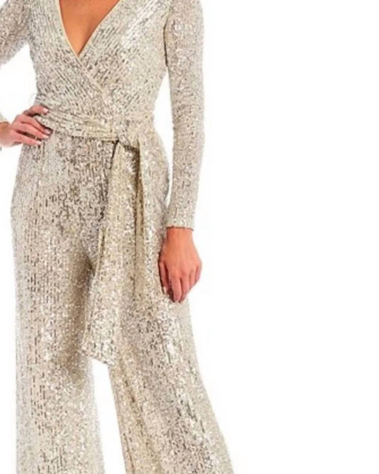 Eliza J - Sequin V-neck Long Sleeve Straight Leg Wrap Jumpsuit