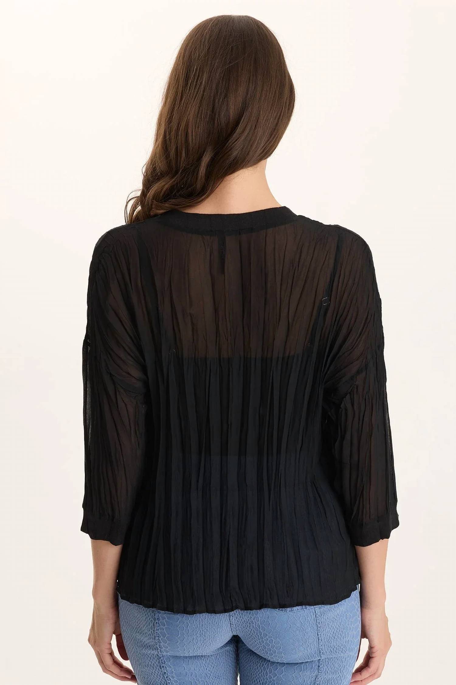 Xcvi - V-Neck Micro-Pleat 3/4-Sleeve Crinkle Top