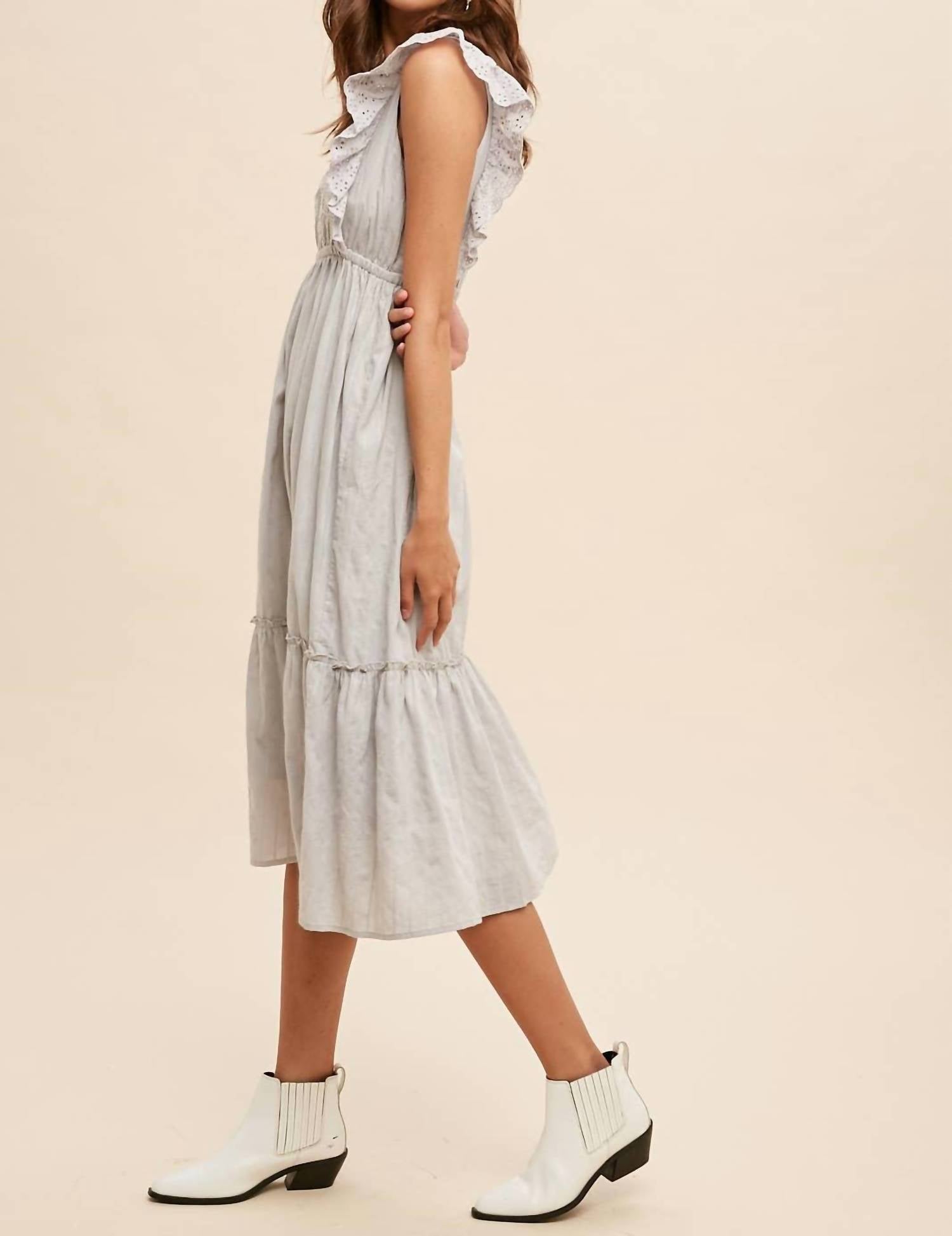 IN-LOOM Eyelet Flutter Sleeve Embroidered Midi Dress in dove grey - women's dress - alternate view