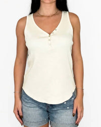 Mb By Tribal - Ribbed Henley Button Front Sleeveless Top