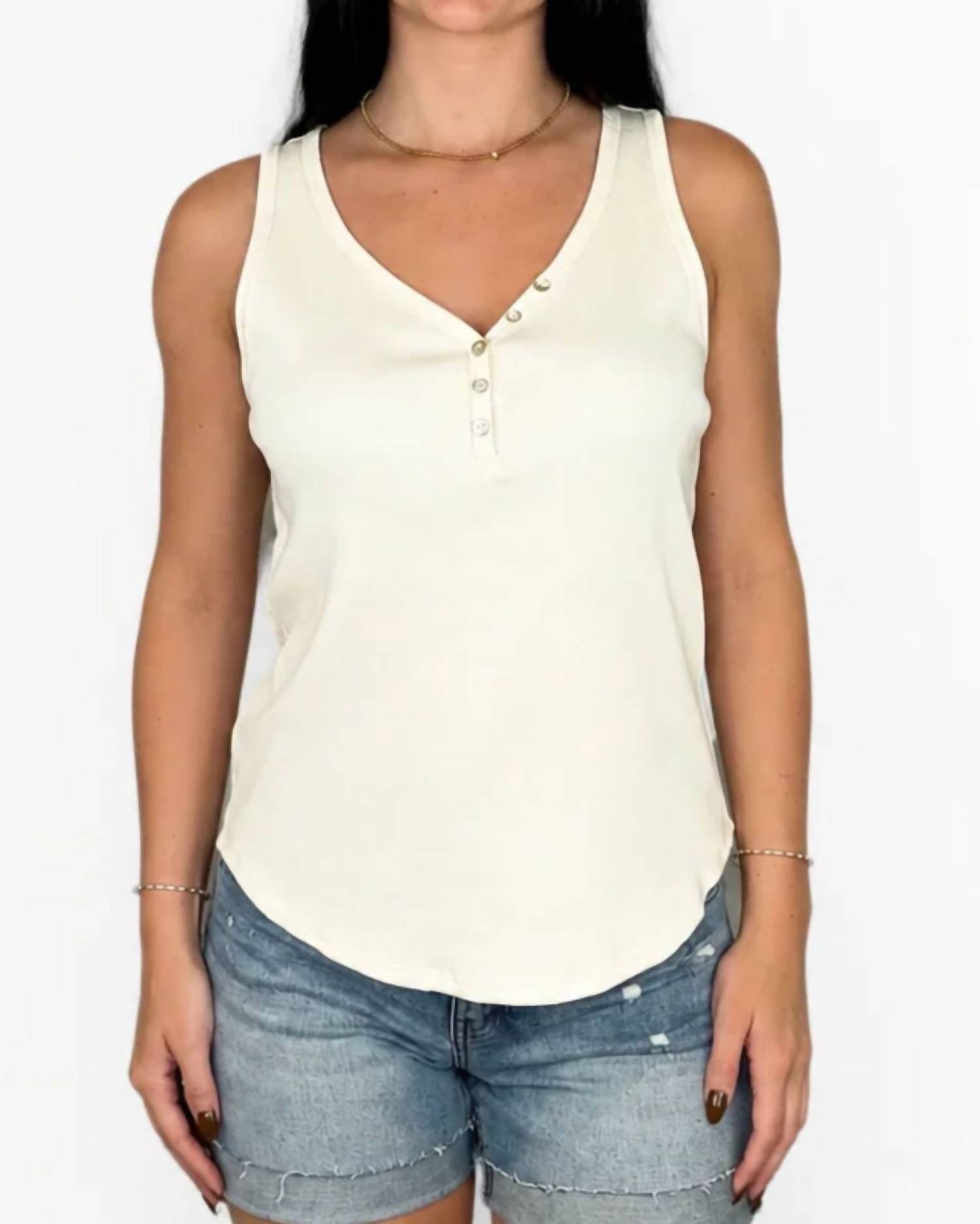 Mb By Tribal - Ribbed Henley Button Front Sleeveless Top