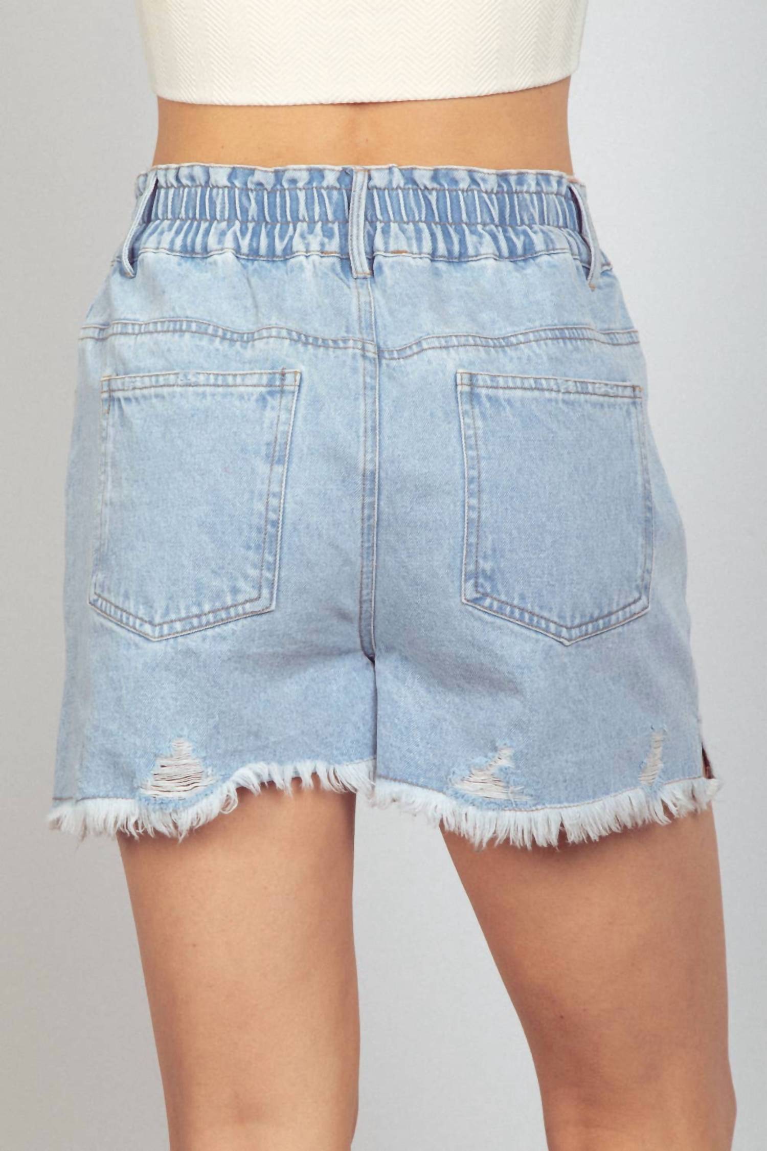 New In - Elastic High Waist Distressed Washed Denim Shorts