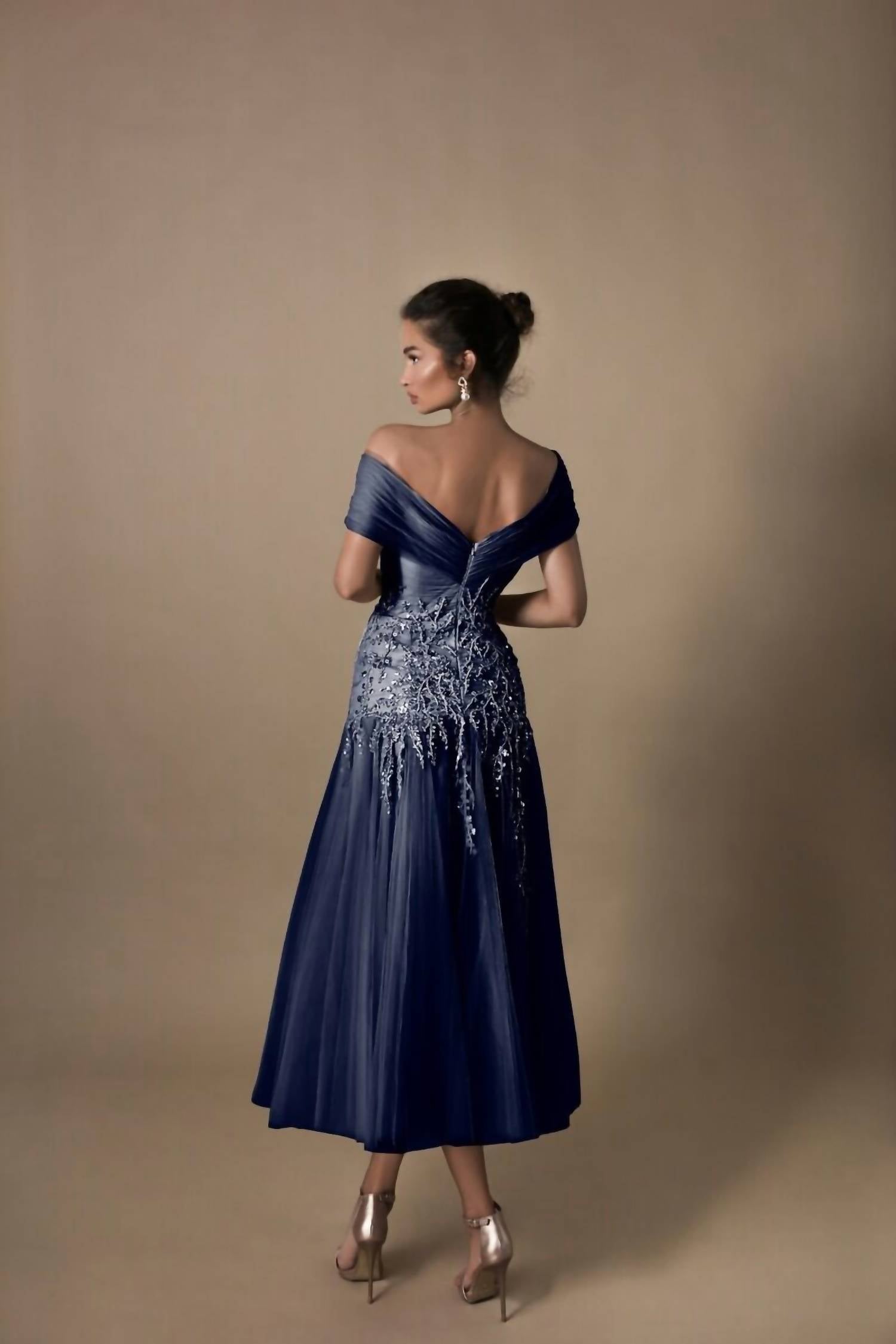 Tarik Ediz Lana Off The Shoulder Tea-length Dress in navy - women's dress - alternate view
