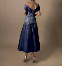 Tarik Ediz Lana Off The Shoulder Tea-length Dress in navy - women's dress - detail view