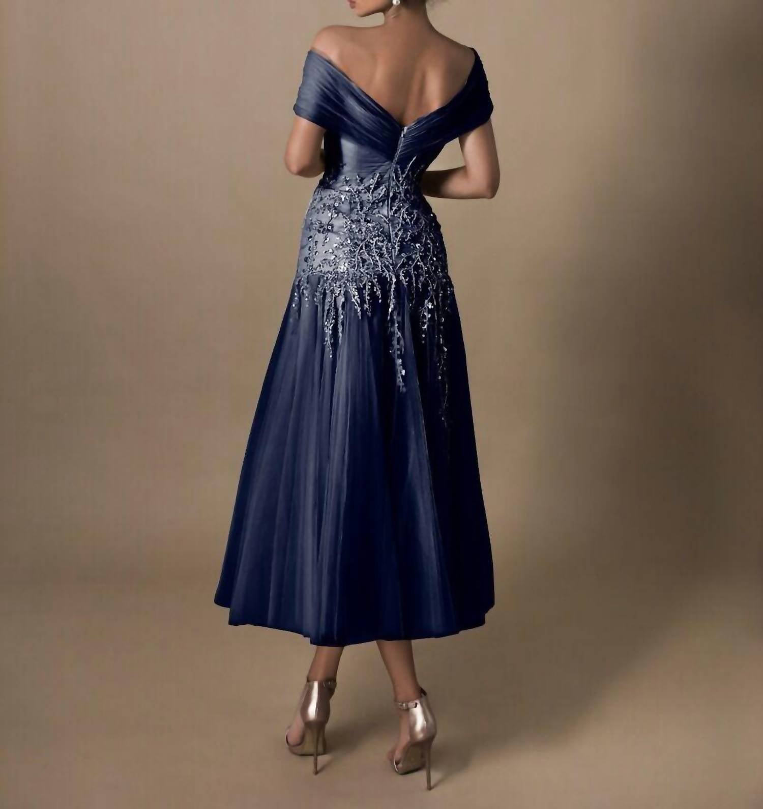 Tarik Ediz Lana Off The Shoulder Tea-length Dress in navy - women's dress - detail view