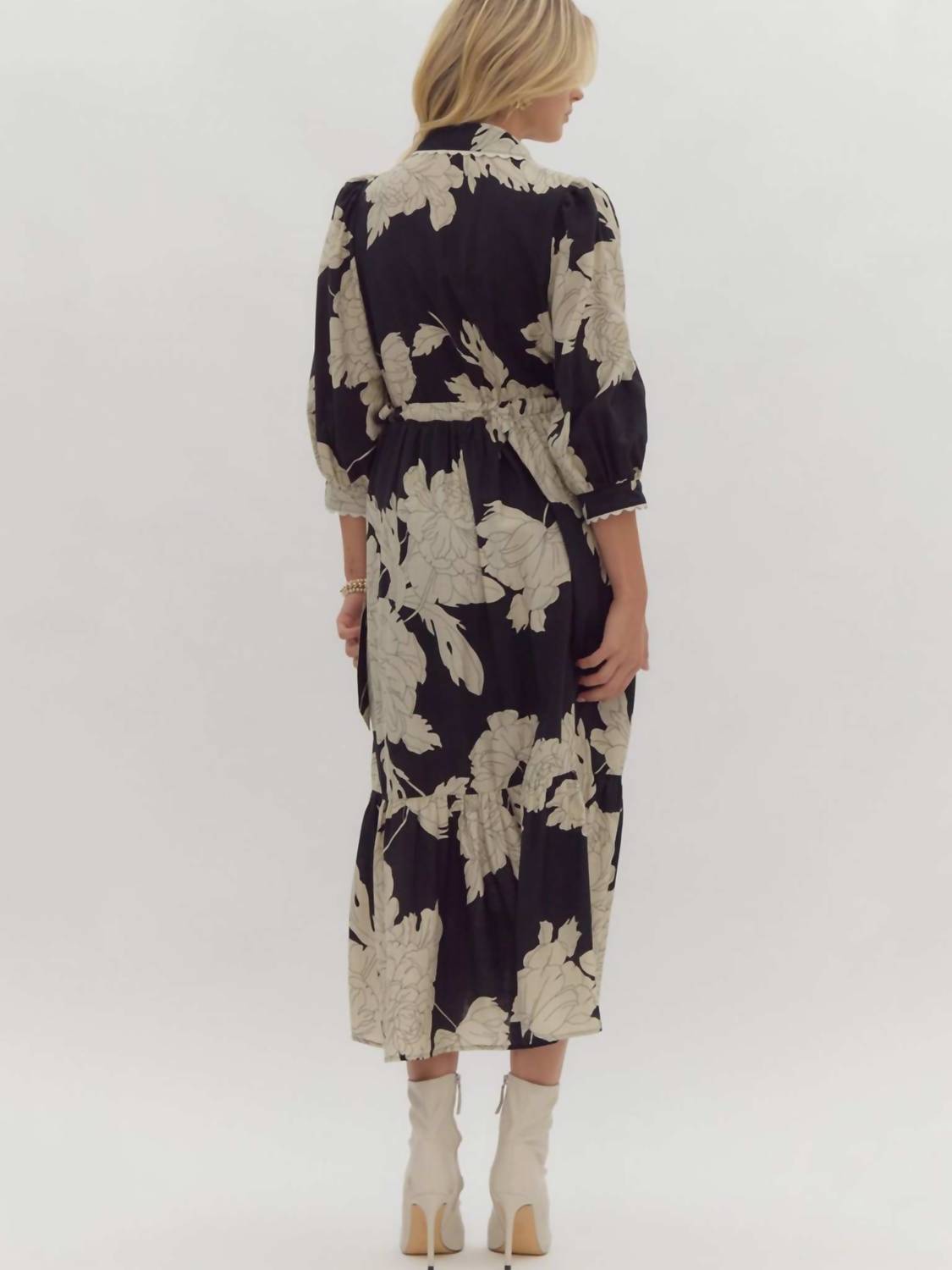 Entro - Floral Print Collared Midi Dress
