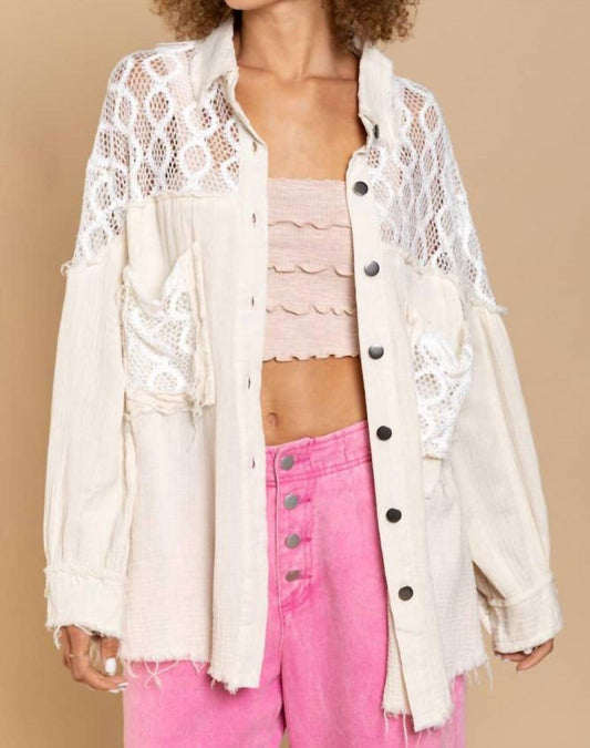 Pol - Oversized Lace Accent Button Down Shirt