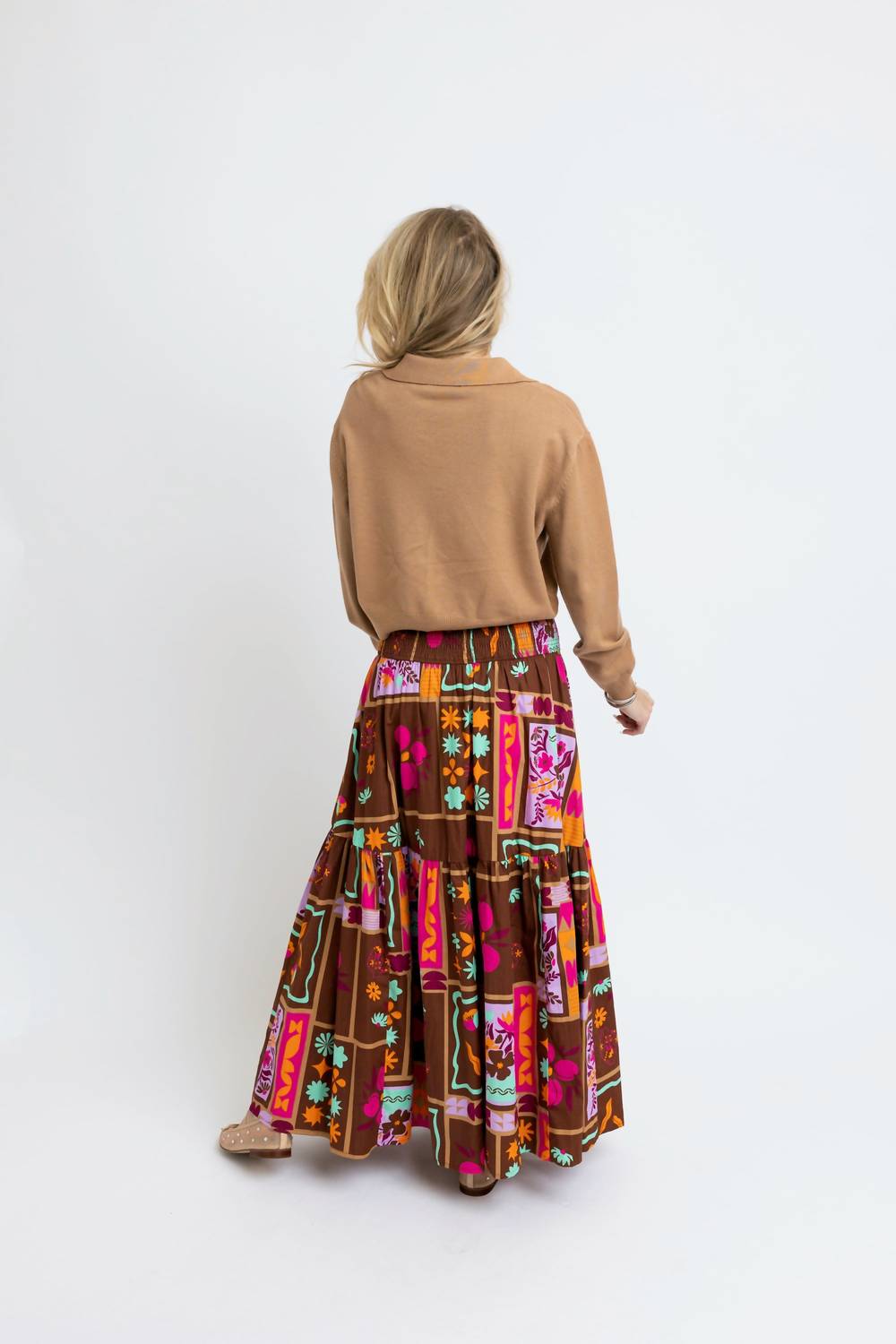 Karlie Abstract Smocked Maxi Skirt in brown - women's skirt - detail view