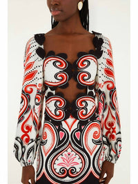 FARM RIO Graphic Ainika Cut-Out Hearts Mini Dress in white - women's dress - detail view