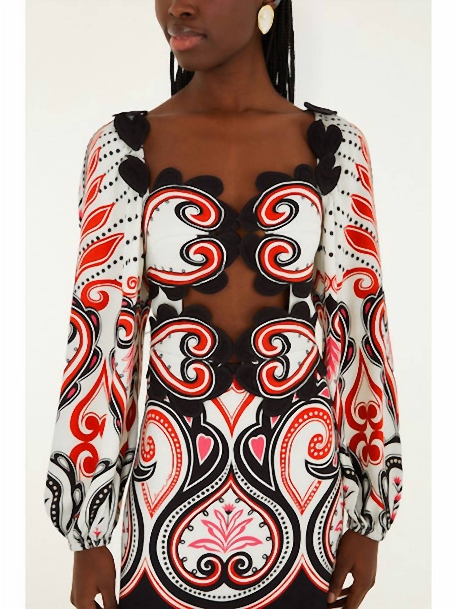 FARM RIO Graphic Ainika Cut-Out Hearts Mini Dress in white - women's dress - detail view