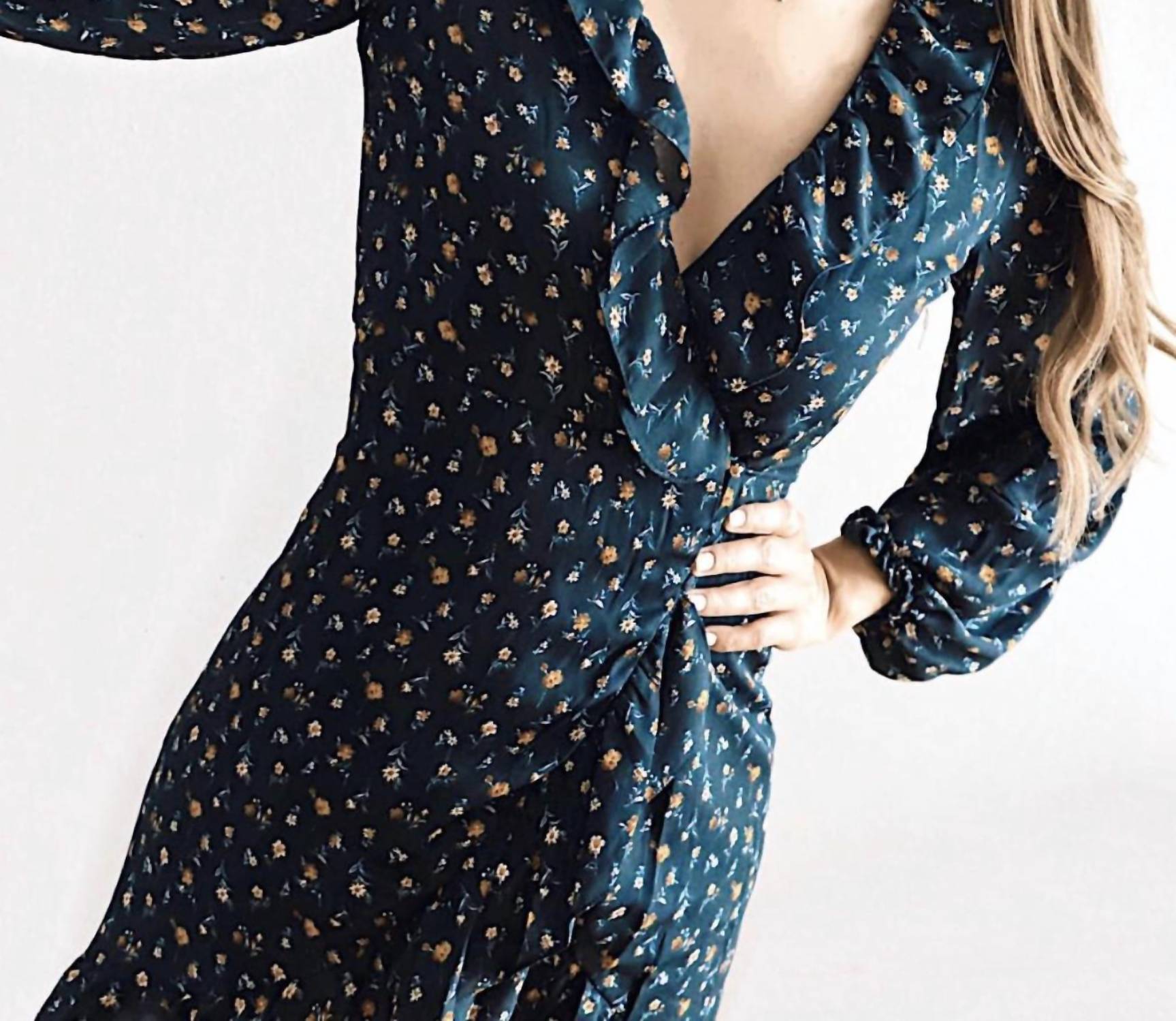 She + Sky - Long sleeve ruffled ditsy floral wrap dress