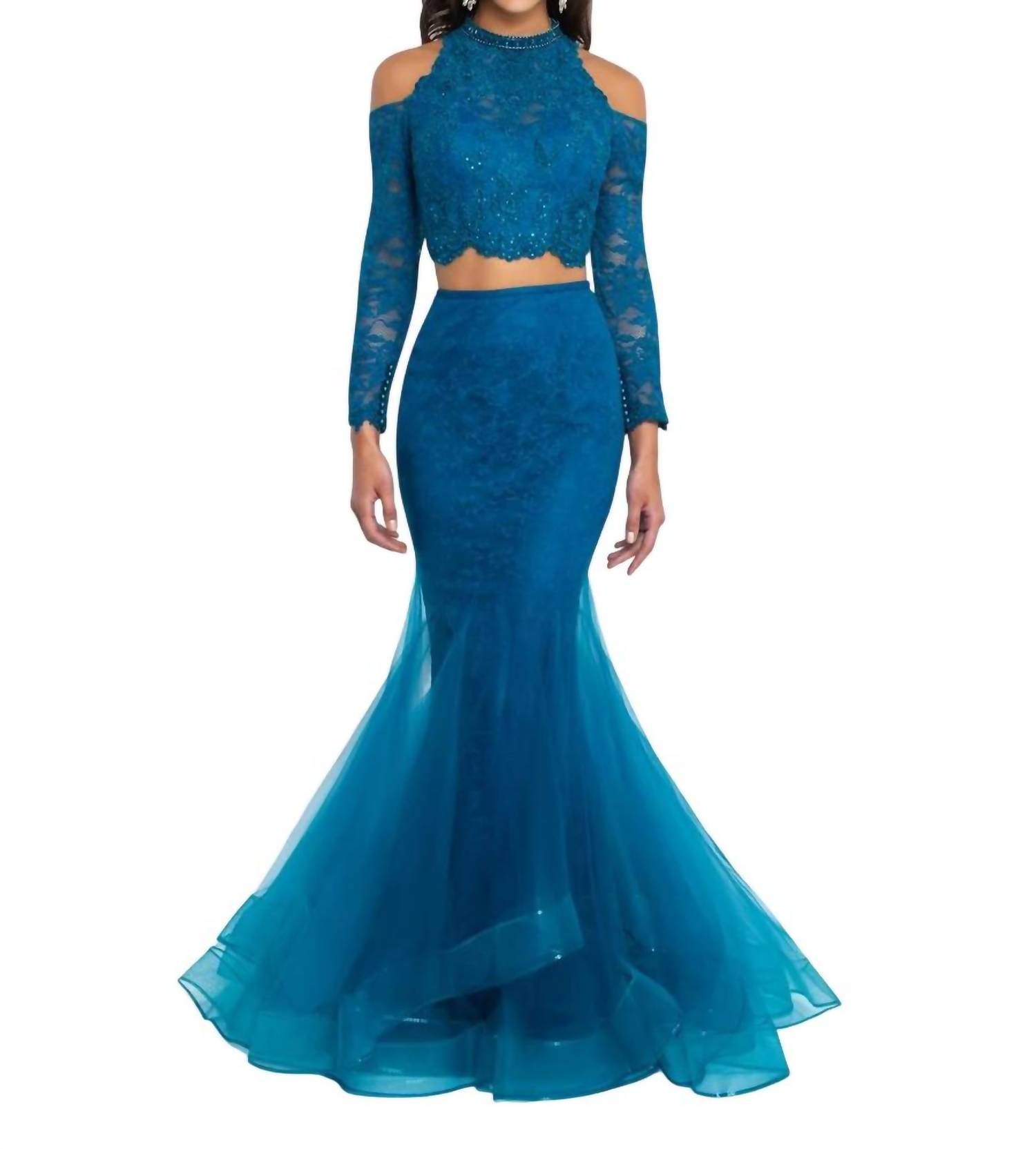 Blush Prom - Tulle Lace Cold Shoulder Two Piece Gown