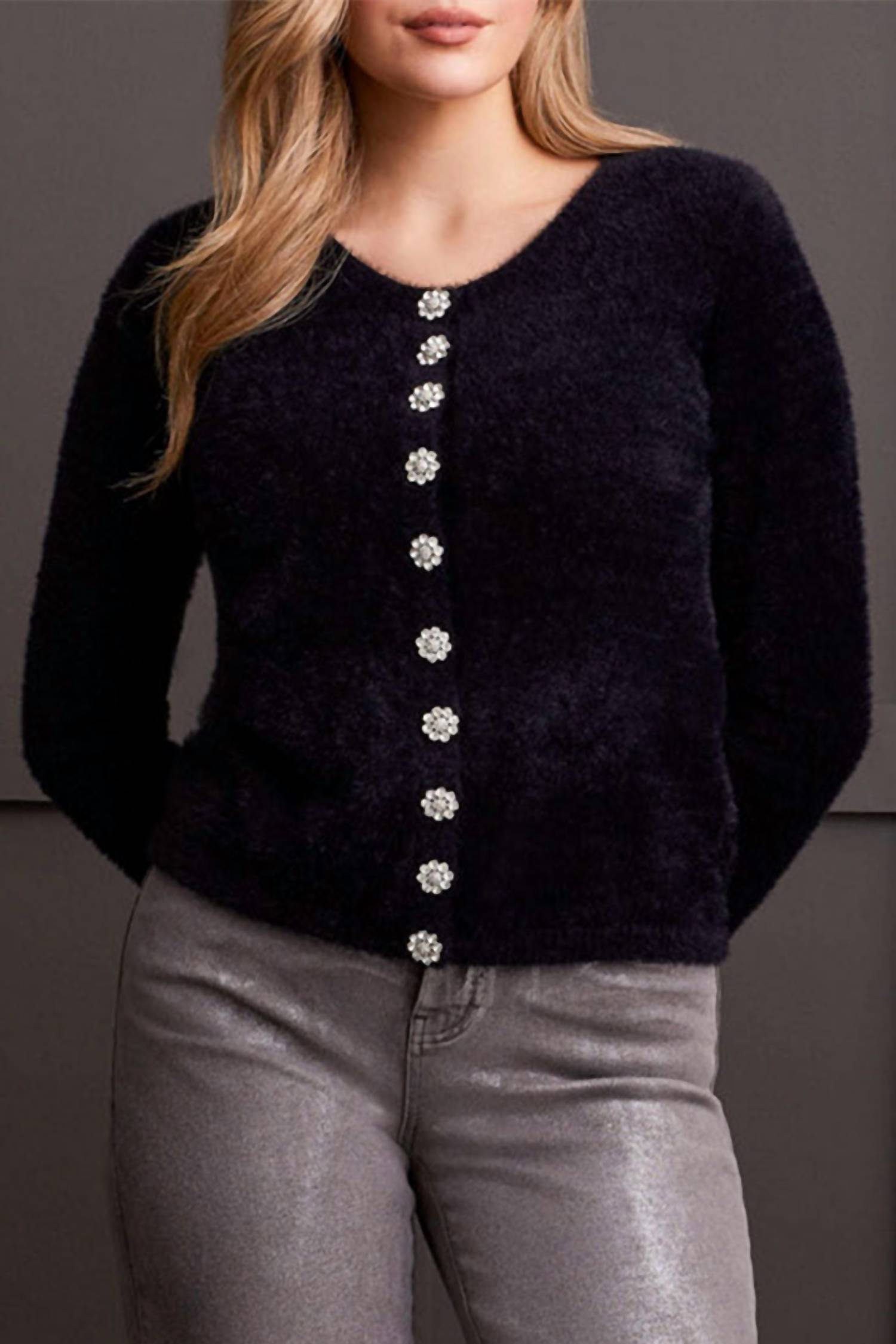 Tribal - Crystal Button Fluffy Knit Cardigan