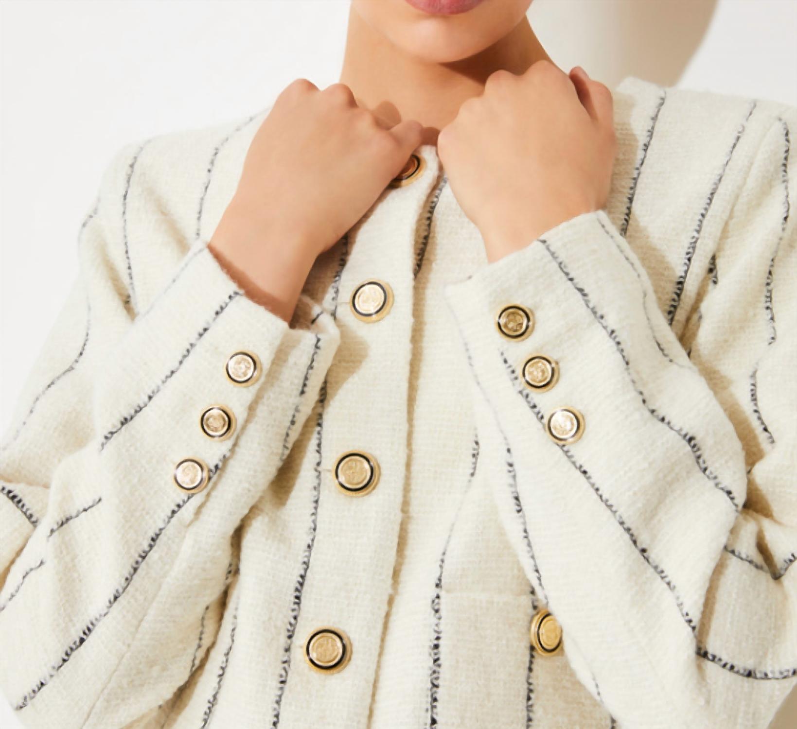 Suncoo Diane Collarless Striped Button Up Jacket in white and black - women's jacket - alternate view