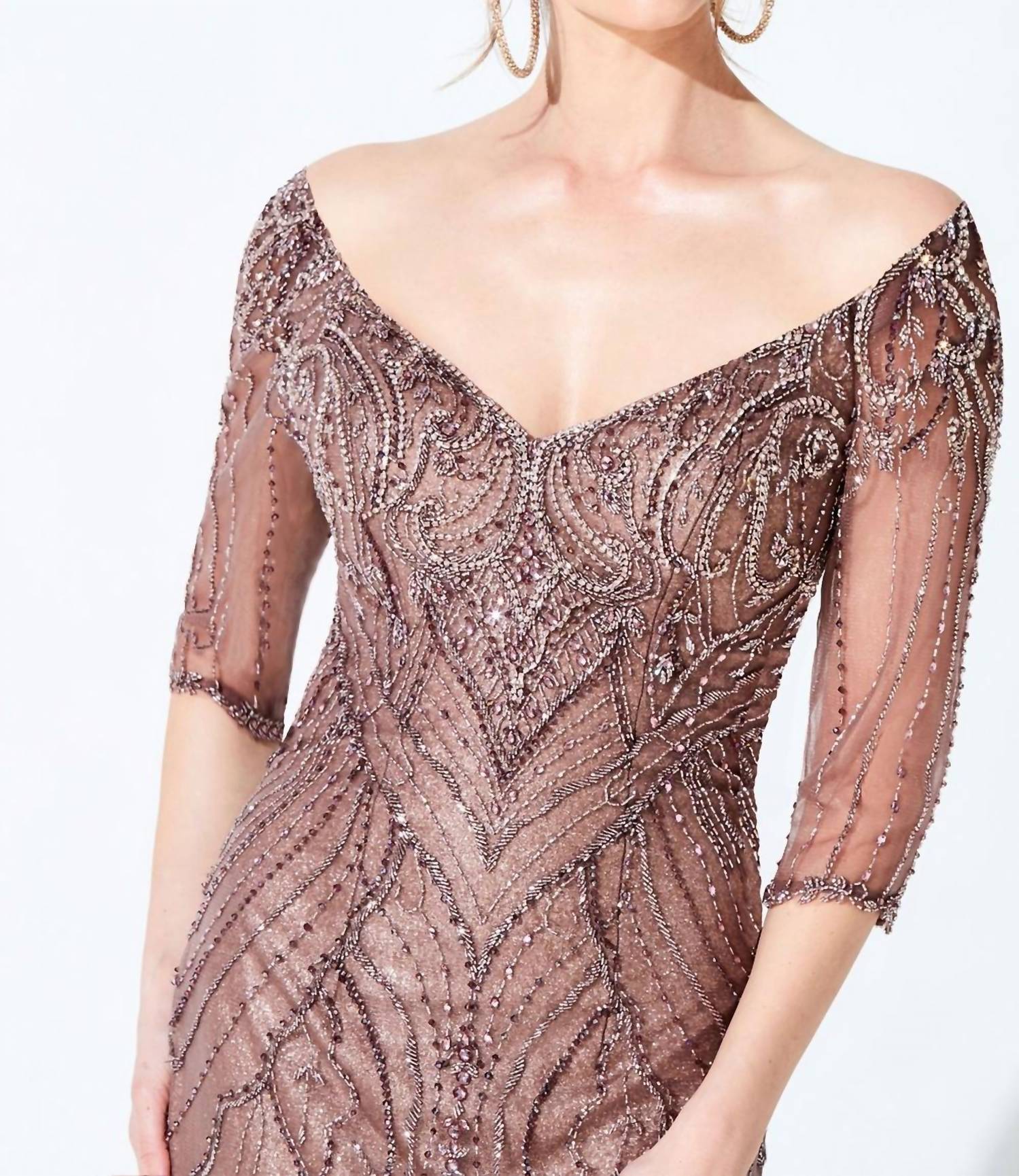 Ivonne D - Off Shoulder Beaded Sheath Gown