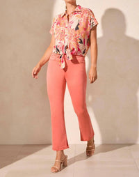 TRIBAL SHORT SLEEVE TOP WITH BUTTONS & TIE FRONT in teaberry - women's blouse - detail view