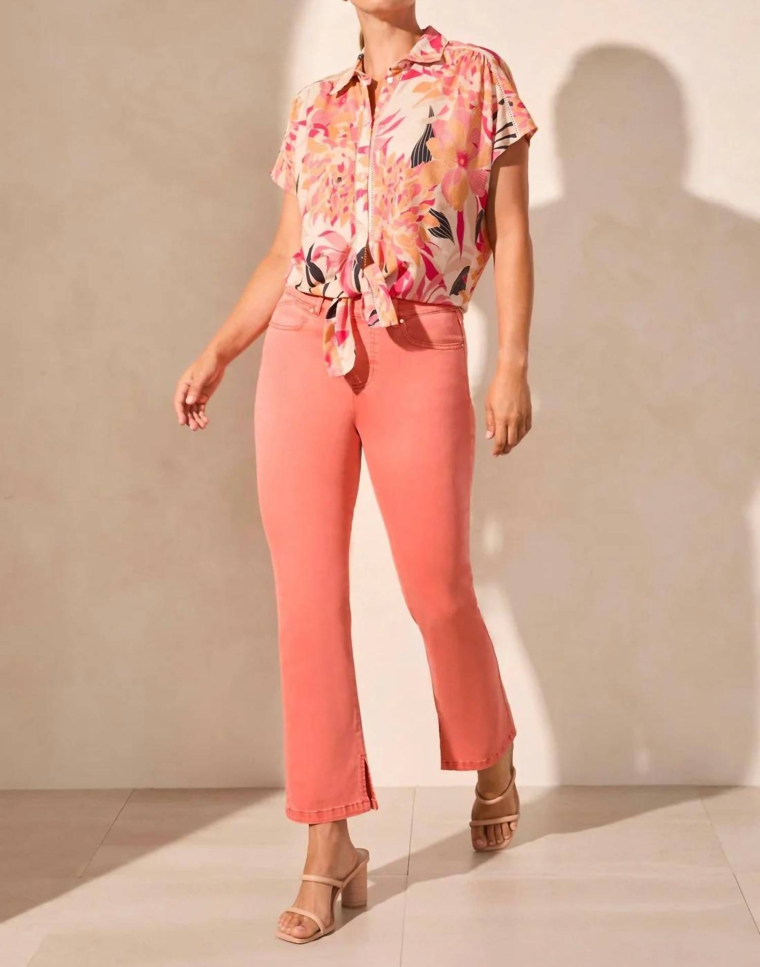 TRIBAL SHORT SLEEVE TOP WITH BUTTONS & TIE FRONT in teaberry - women's blouse - detail view