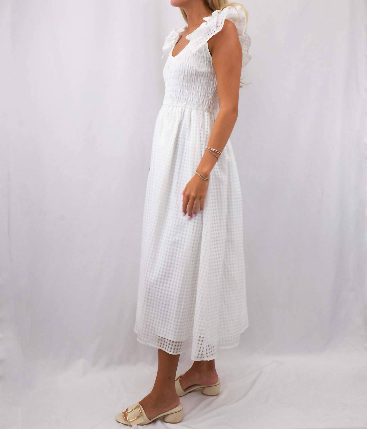 Entro - Grid Ruffle Sleeve Midi Dress