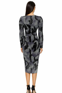 DRESS THE POPULATION Long Sleeve Sequin Midi Dress in gray black - women's dress - detail view