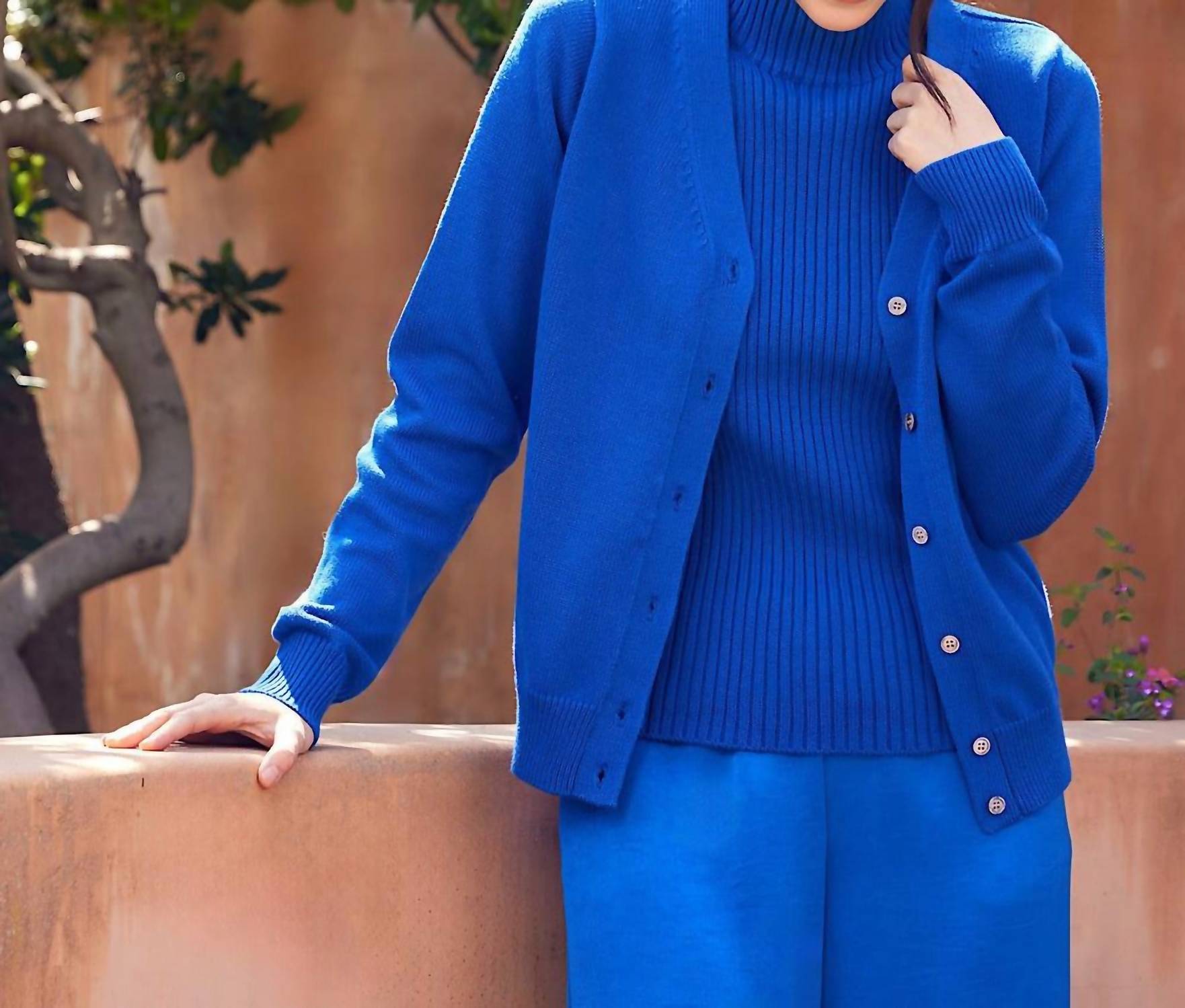 Karen Kane V-Neckline Front Button Placket Cardigan in sapphire blue - women's cardigan