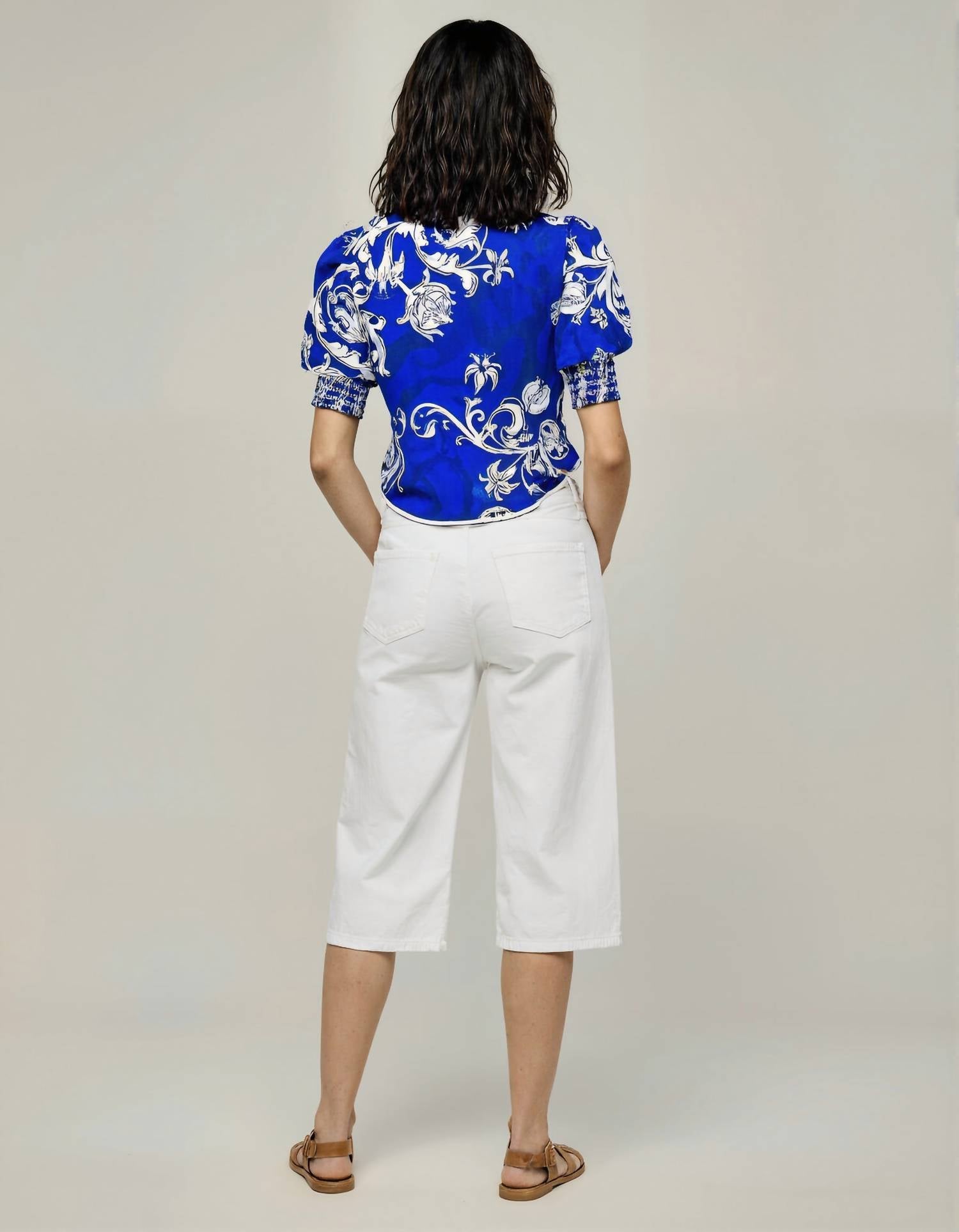 Celina Moon Carnelia Short Sleeve Top in blue white - women's blouse - detail view