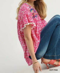 Umgee - Animal Print Split Neck Ruffle Sleeve Top