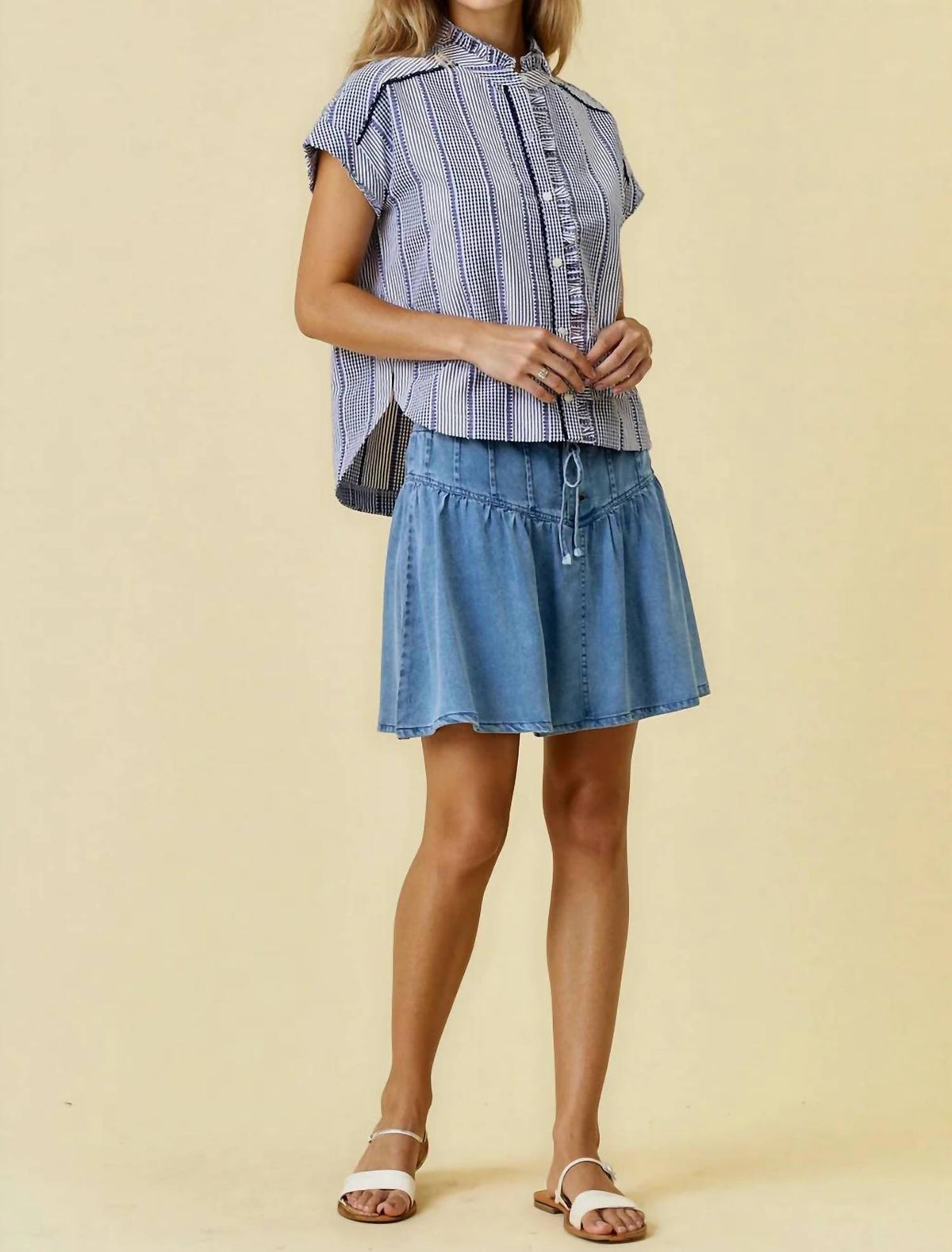 Doe And Rae - Stripe & Gingham Button Down Detail Top