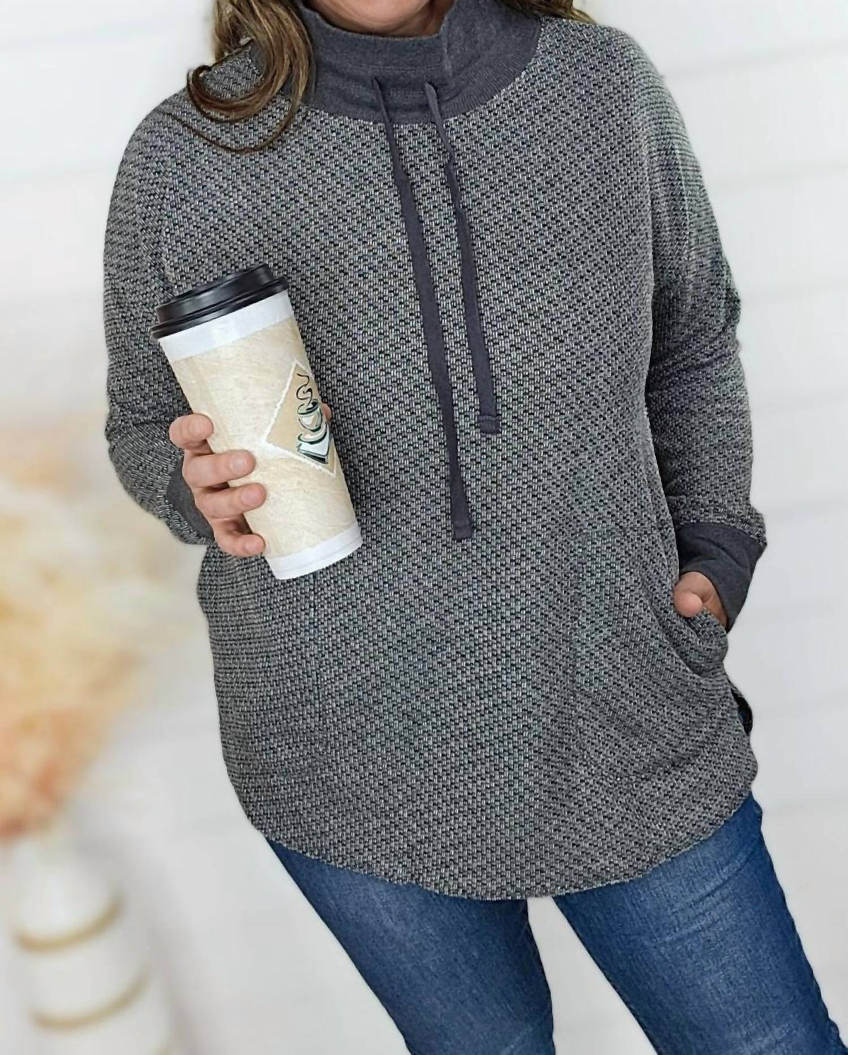 Doe And Rae - Two Tone Funnel Neck Pullover Top