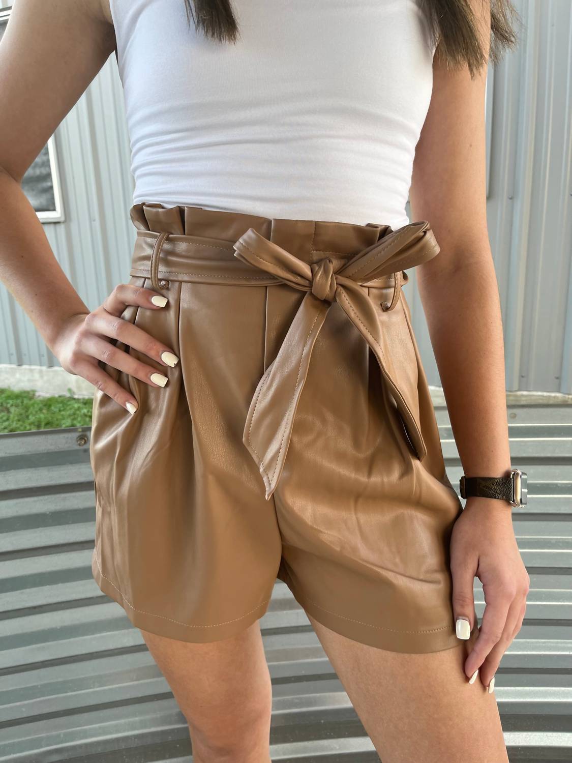 Dolce Cabo - Honey Vegan Leather Shorts - brown - clothing - faux - leather