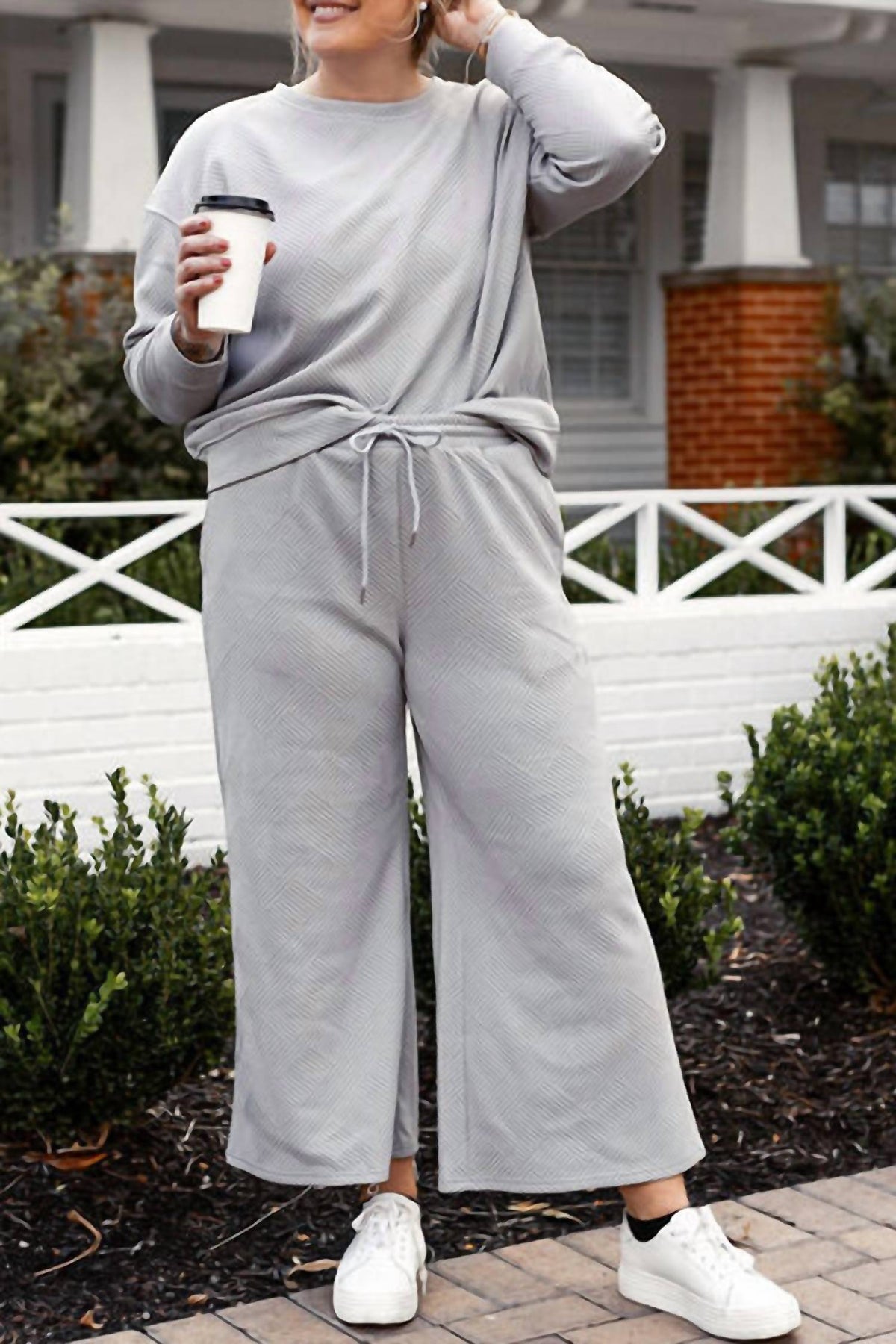 Double Take - Full Size Textured Long Sleeve Top And Drawstring Pants Set