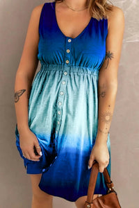 Double Take - Scoop Neck Buttoned Sleeveless Magic Mini Dress